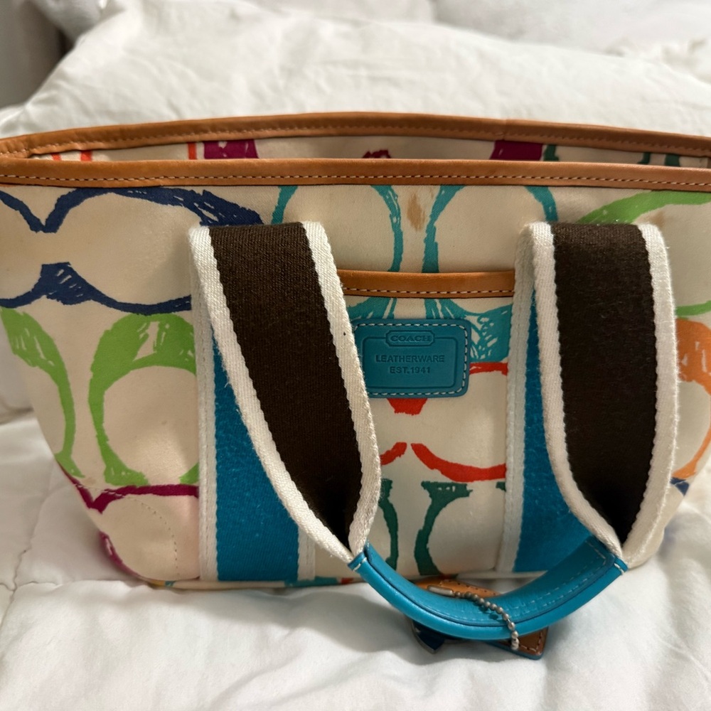 Coach Colorful Canvas Tote with Blue and Brown Accents